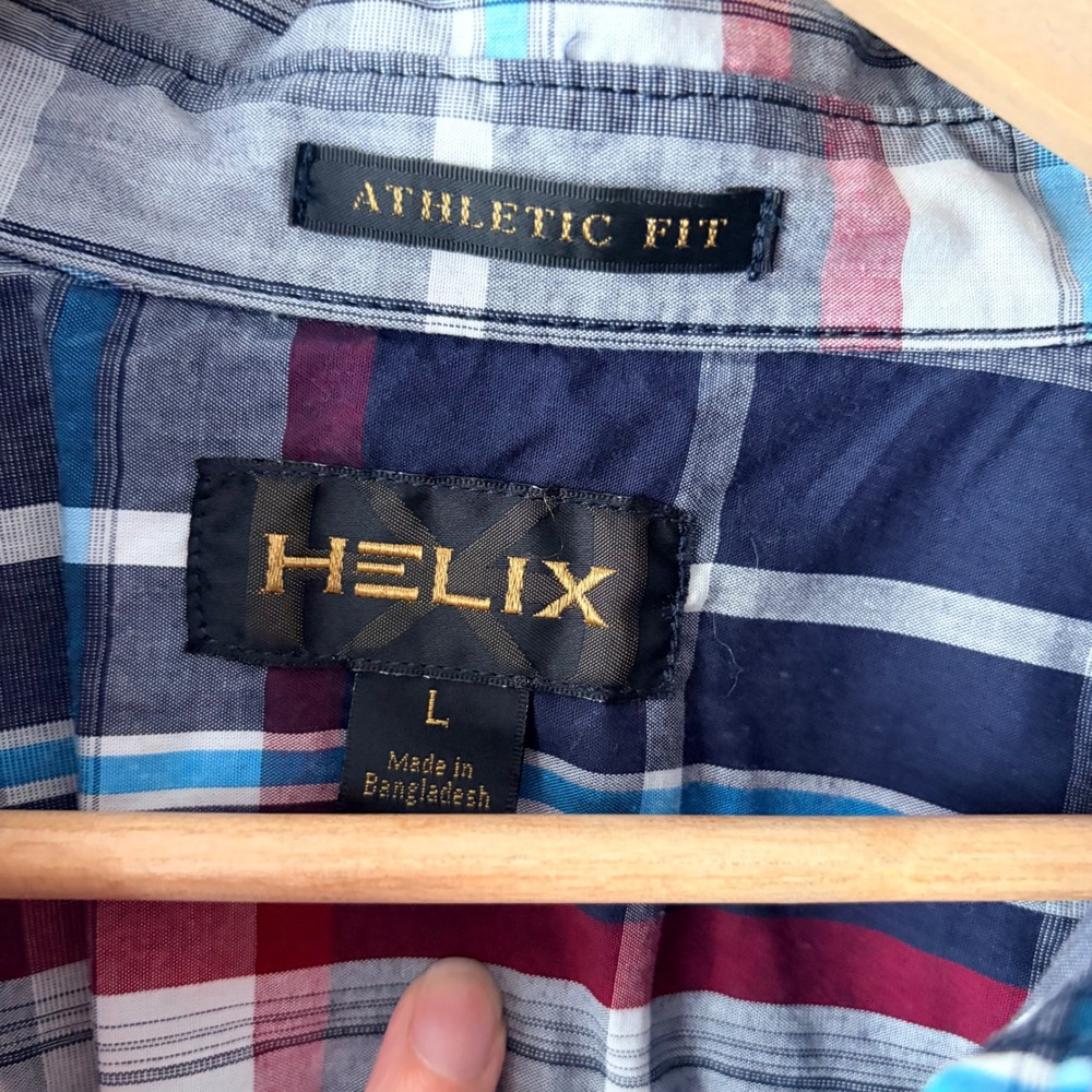 Helix Mens Large Athletic Fit Plaid Button Down Shirt Navy Red Long Sleeve - Picture 7 of 8